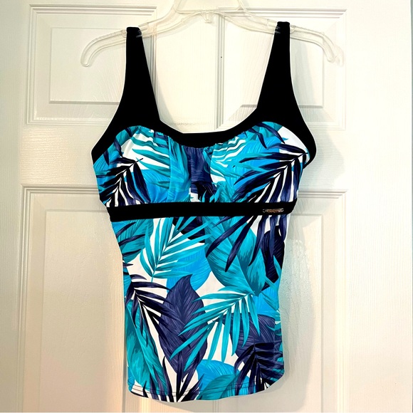 Navy and Teal Tropical Swimwear Halter Top Palm Leaf With Navy Blue Trim Size L - Picture 2 of 12